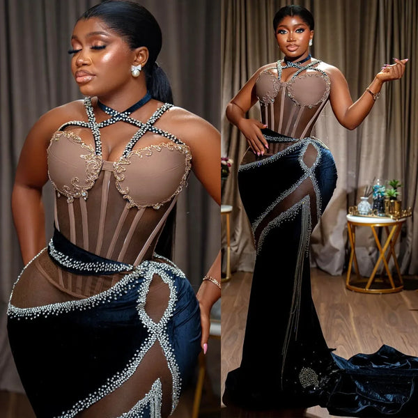 For Special Occasions Crystals Lace Velvet Evening Formal Party Second Reception Birthday Engagement Gowns Dress Plus Size Dark