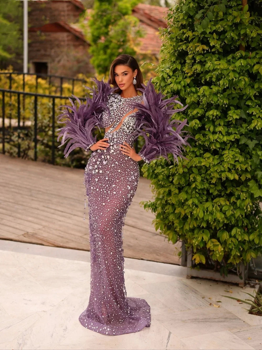 Gorgeous O Neck Prom Dresses Elegant Crystal Beaded Long Sleeve Evening Dress Floor Length Feather Party Gown Customized