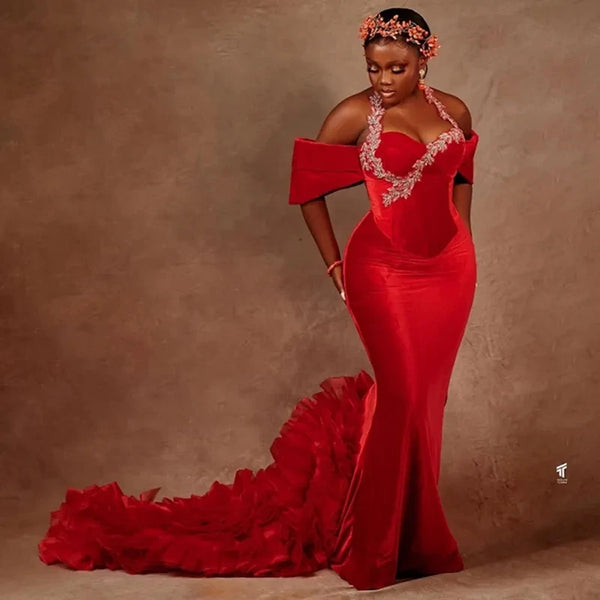 Gorgeous Red Prom Dress Applique Bead Mermaid Velvet Evening Dresses For Special Occasions Long Sweetheart Prom Gown Cap Sleeves