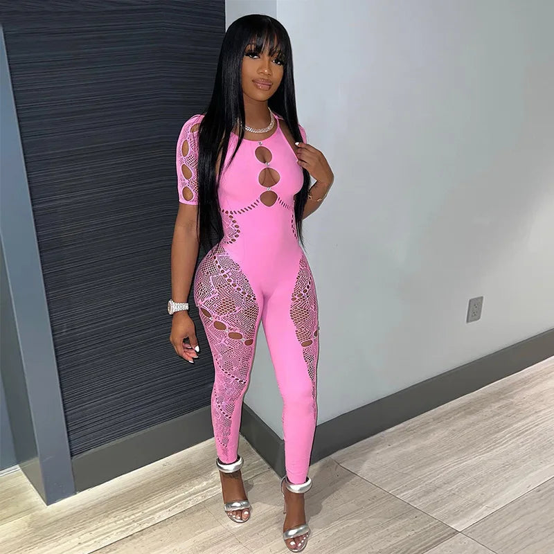Sexy Knitted Hollow Out One Piece Pajama Tight Seductive Jumpsuit Women Elastic Slim Pencil Pants Party Night Clubwear
