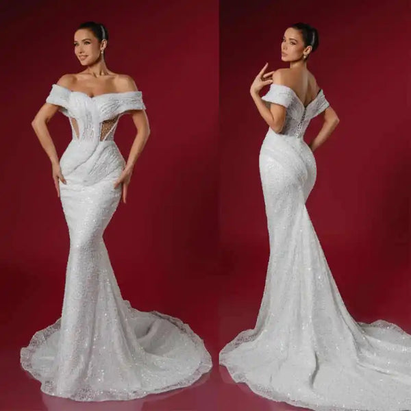 Charming Mermaid Wedding Dress Beaded Sequin Off Shoulde Bride Gowns Design Sleeveless  Sweep Train Bridal Dresses Customized