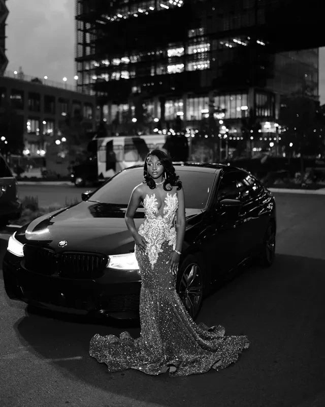 Customized Special Occasion Grey Ball Dress Colorful Beads Sparkle Lace Birthday Party Dress Black Women Evening Dress 2025
