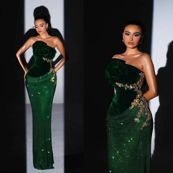 Sexy Strapless Sequined Evening Gown Elegant Crystal Sleeveless Prom Dress Appliques Floor Length Velvet Party Gown Customized