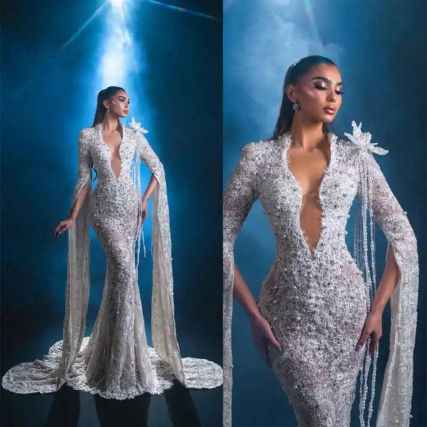 Luxury Mermaid Wedding Dress Pearls V Neck Long Sleeve Bride Gowns Elegant Lace Beading Floor Length Bridal Dresses Customized