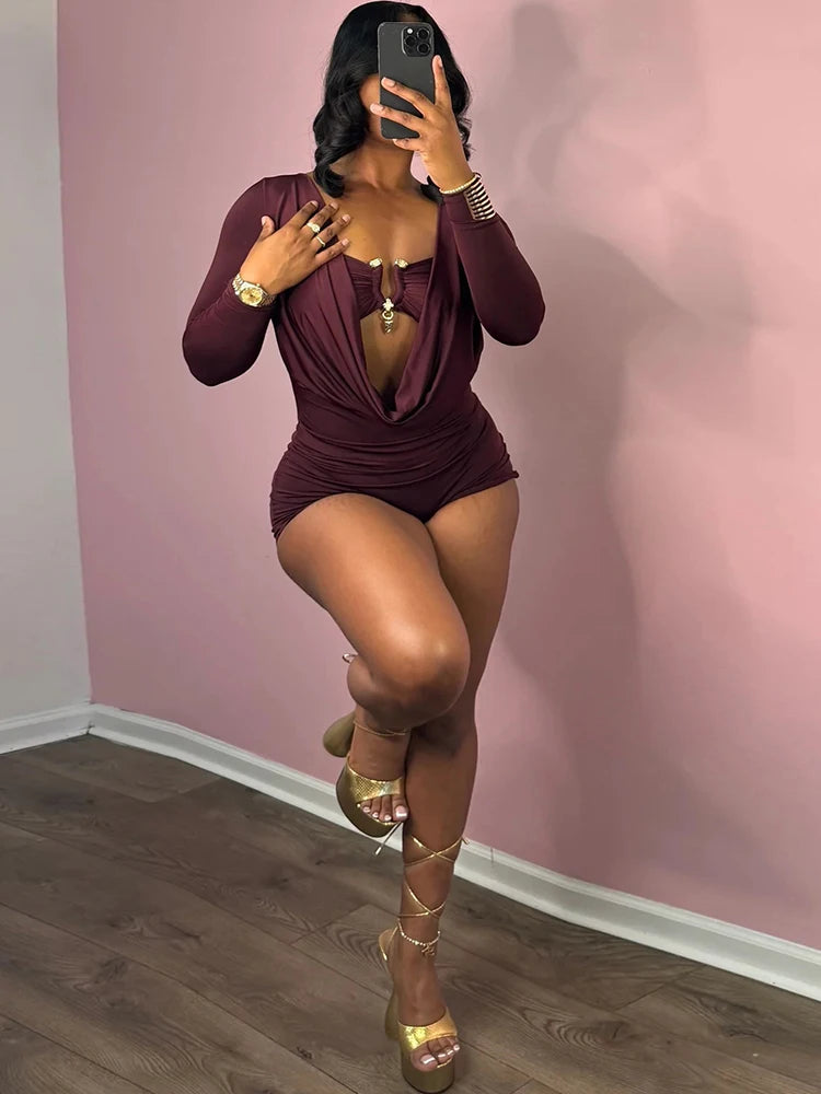 Swinging Neck Playsuits Women Solid Metal Splice Cleavage Full Sleeve Stretch Sexy Slim Romers Chic Trend Clubwear