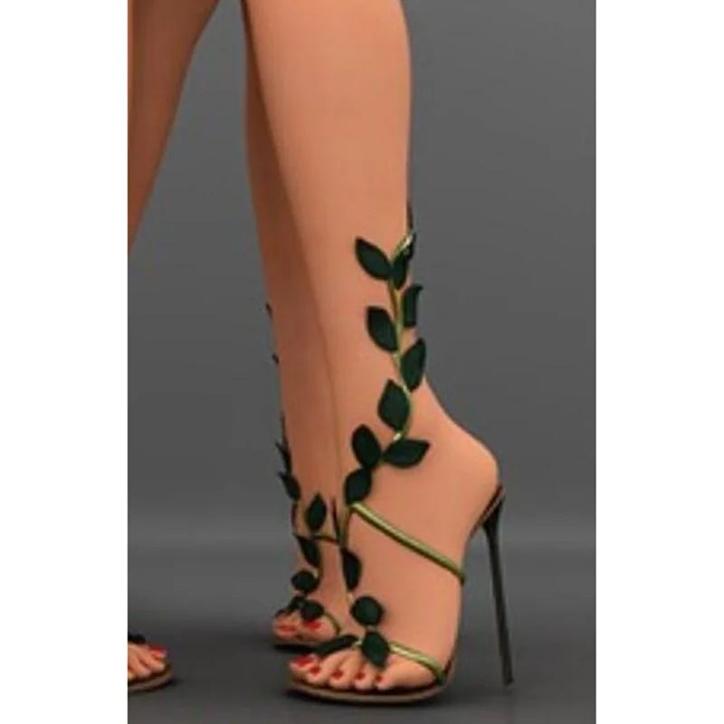 Leaf Decor Twine Sandals T-strap Open Toe Shoes for Women Cut Heel Thin High Heels Sexy Summer Shoes 2025 Zapatos Para Mujere