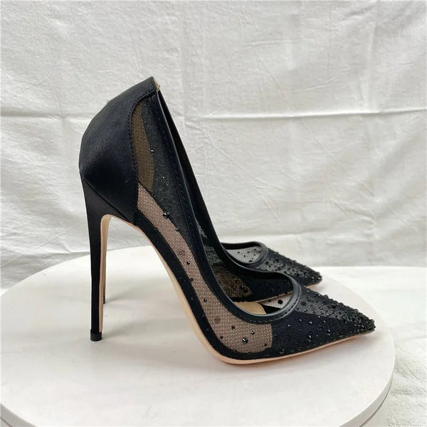 Breathable Mesh Fashion Single Shoes Elegant Women Pointed Tip High Heels Luxurious Rhinestone Summer Party Stiletto Pumps 12CM