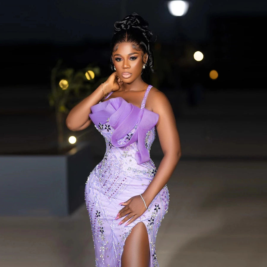 Mermaid Prom Dresses with Spaghetti Straps, Special Occasion Gown, Beads Crystals, Sexy Side Split, Aso Ebi Evening Dre
