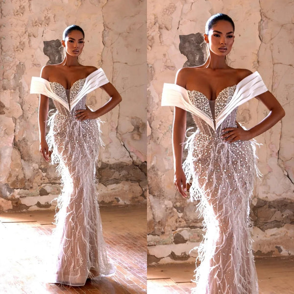 Fashion Beaded Feathers Mermaid Wedding Dress Sexy Off The Shoulder Bridal Gown Floor Length PearlsBride Dresses Customized