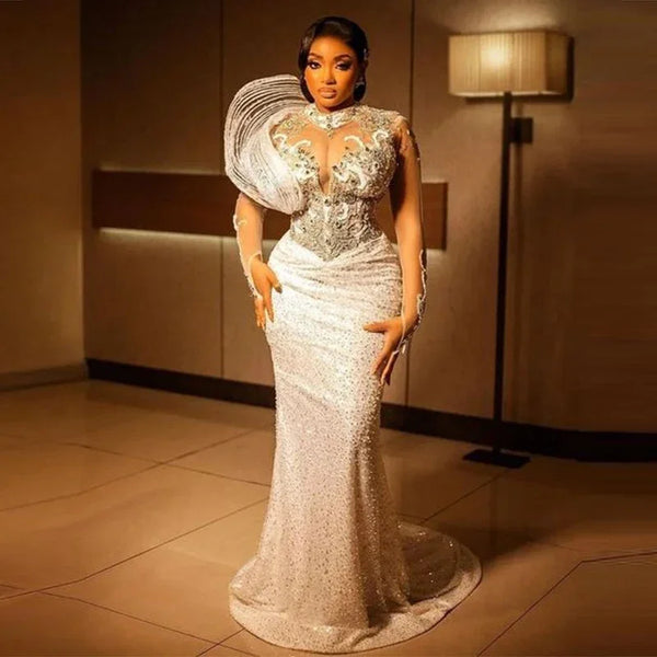 Saudi Arabia Lace Appliques Beaded Evening Gowns Sheer Long Sleeves Women Formal Wear Sparkly Sequined Mermaid Prom Dresses