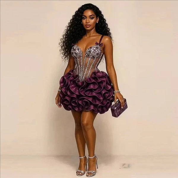 Customized Mini Sparkling A-Line Diamond Cocktail Ball Dress Sexy V Tie Bow Suitable For Birthday Parties And Homecoming Dress