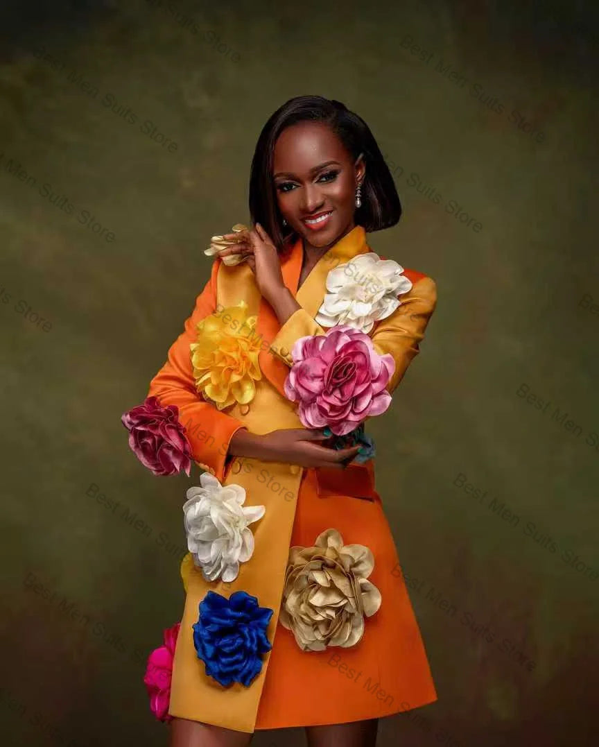 Orange Yellow Women Suit 1 Pcs Long Blazer Prom Dress 3D Flower Luxury Autumn Formal Office Jacket Customized Wedding Guest Coat