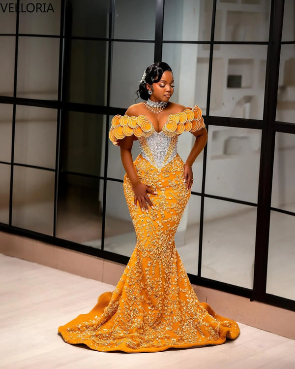 Luxury Mermaid Evening Dress 3D Round Shoulder Detail Crystal African Women's Wedding Beaded Corset Ball Dress Customization