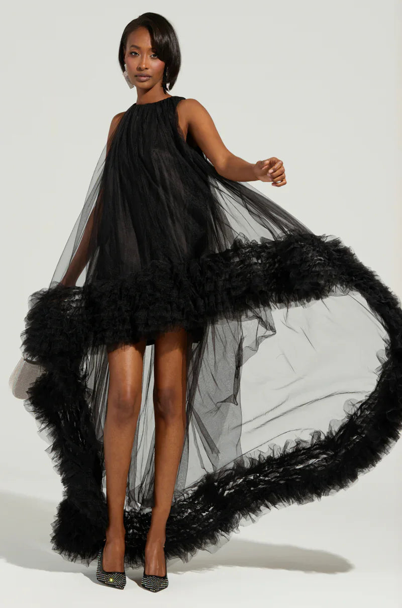 Fashion Black Asymmetrical Tulle Long Women Dresses With Ruffles Trimmed Details Loose Dress All Color  Available