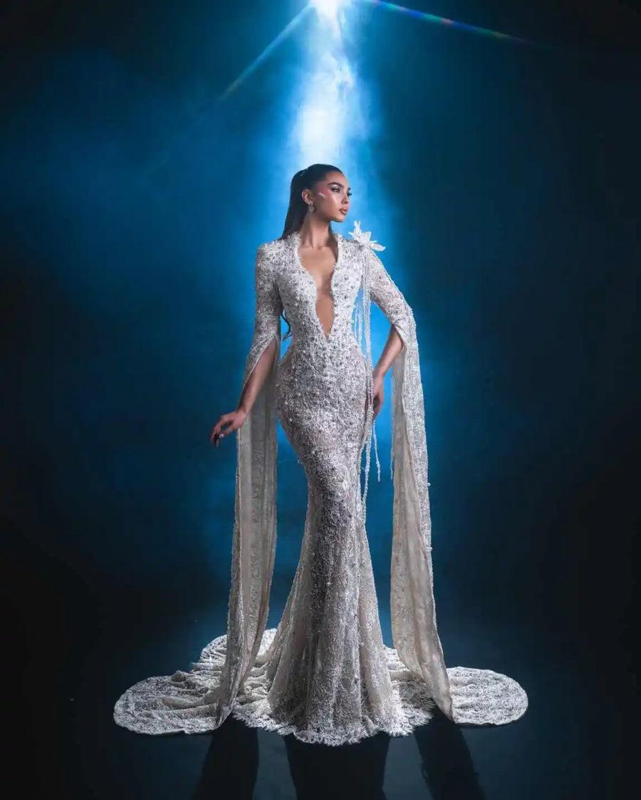 Luxury Mermaid Wedding Dress Pearls V Neck Long Sleeve Bride Gowns Elegant Lace Beading Floor Length Bridal Dresses Customized