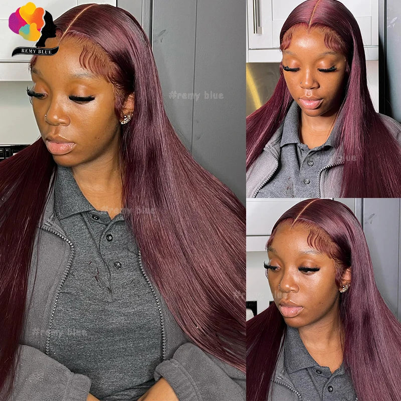Peruvian Straight Hair 13X6 Lace Frontal Wig Human Hair Wigs 99J Dark Burgundy Pre-Plucked 180% Remy Human Hair Lace Front Wigs