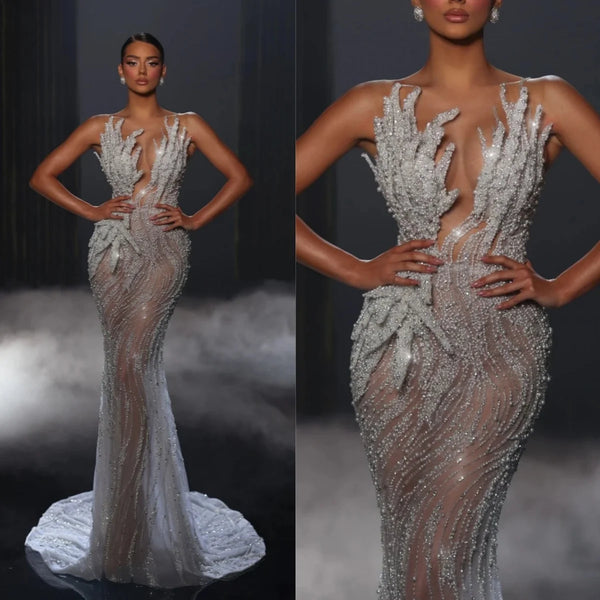 Sexy Strapless Sequined Evening Dresses Fashion Sleeveless Lace Mermaid Prom Dress Customized Floor Length Pearls Party Gown