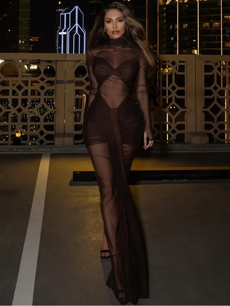 Elegant Mesh Patchwork Long Sleeve Bodycon Dress Women Sexy Sheer Sbodycon Pleated Party Club Evening Dress New Vestidos