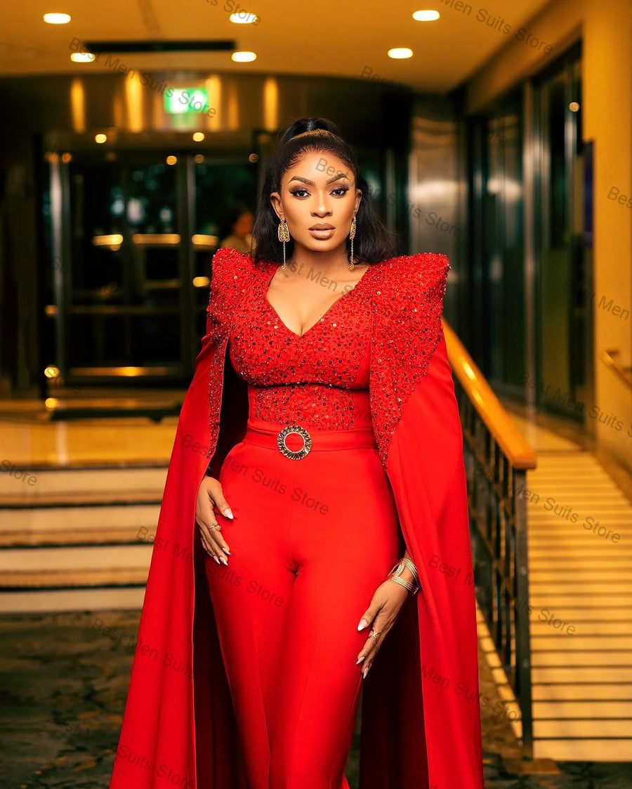 Luxury Red Wrap Women Suit Set 2 Piece Blazer+Pants Trousers Crystal Formal Office Jacket Customized Wedding Tuxedos Cotton Coat
