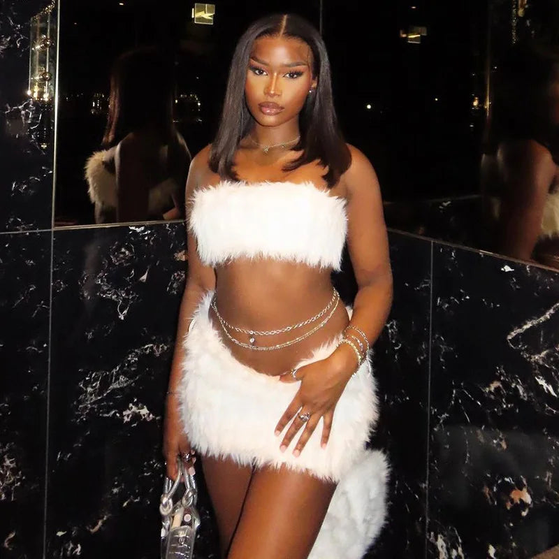 Ribbed Faux Fur Women Sexy Two Piece Set Solid White Strapless Crop Top Bodycon Mini Skirts Party Clubwear Suits Y2K Streetwear
