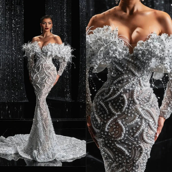 Sexy Pearls Beading Mermaid Wedding Dress Glitter Sequined Long Sleeve Bridal Gown Feather Train Bride Dresses Customized