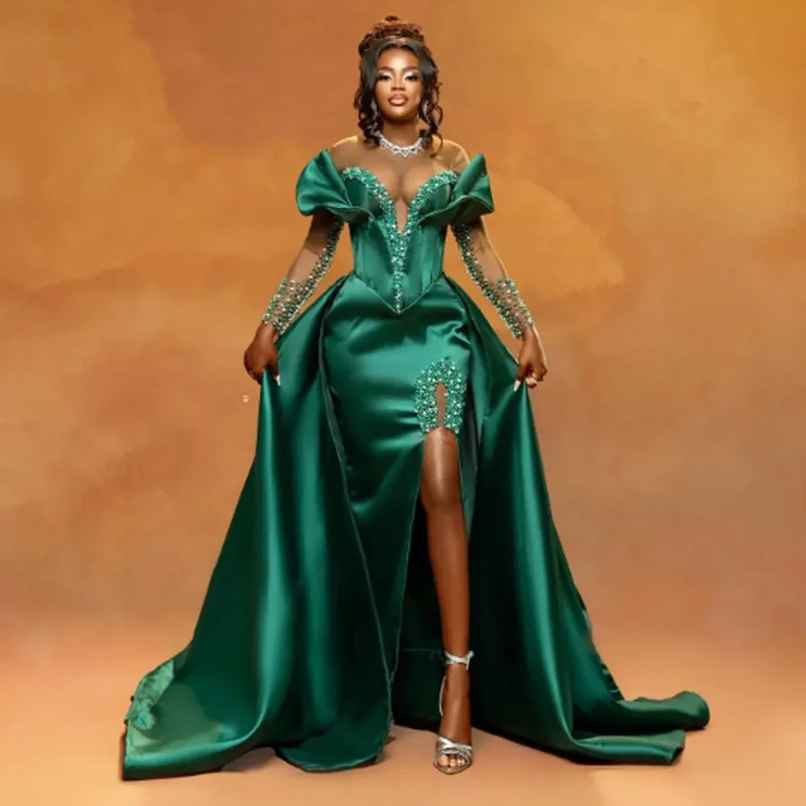 Major Pearls Beads Illusion Long Sleeves vestidos de noche High Slit Mermaid Prom Dress African Women Evening Dresses