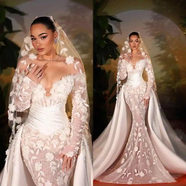 Gorgeous Mermaid Wedding Dress Off Shoulder Appliques Pearls Bride Dresses Sexy Detachable Sweep Train Bridal Gowns Customized