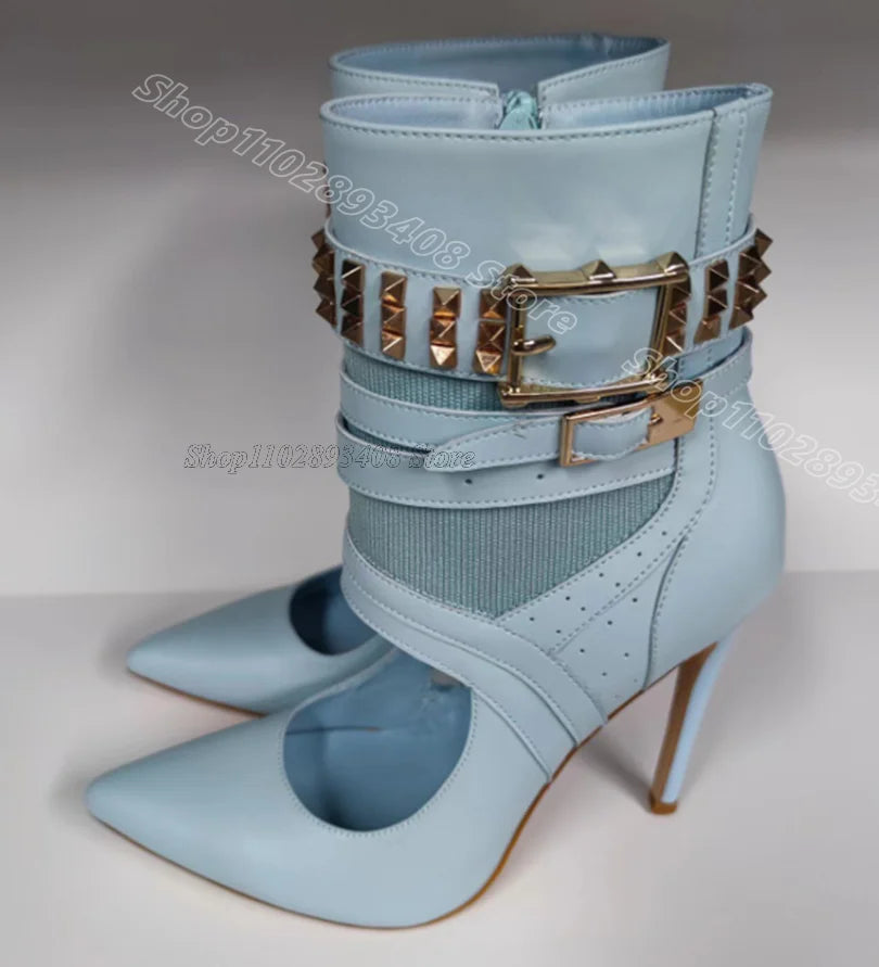 Green Rivet Decor Hollow Sandal Boots Stiletto Heels British Style Design for Women Party Dress Sandals 2025 Zapatos Para Mujere