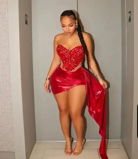 Luxury Sexy Mini Dresses To Party 2 Pieces Women Set Shiny Red Crystal Corset Top And Asymmetrical Mini Dresses