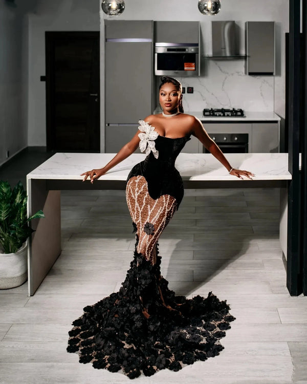 Black Velvet Mermaid Evening Dress For Black Women One Shoulder White 3D Floral Mesh Rhinestone Prom Dress 2026 Customized