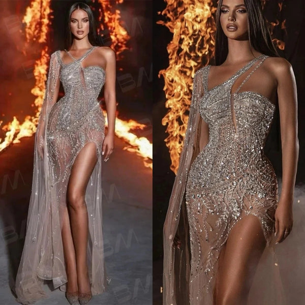 Sexy One Shoulder Crystal Evening Dresses Illusion Beaded Lace Prom Dress Customized High Side Slit Party Gown