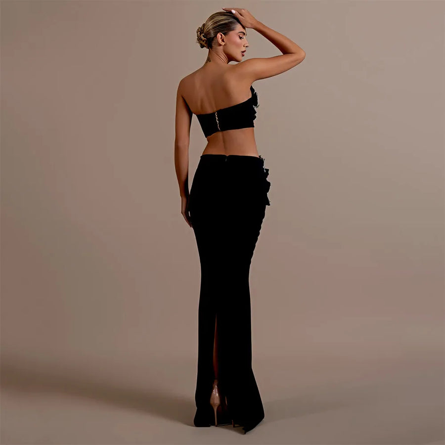Two Pieces Sets Sexy Beading Strapless Top Long Skirt Women Bodycon Clothing Elegant Party Bandage Sets
