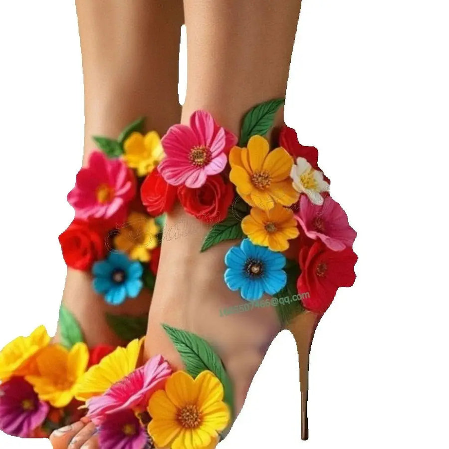 Mixed Color Flower Decor Sandals Heels Cut Side Round Toe Thin High Shoes for Women Wedding Shoes 2025 Zapatillas Mujer