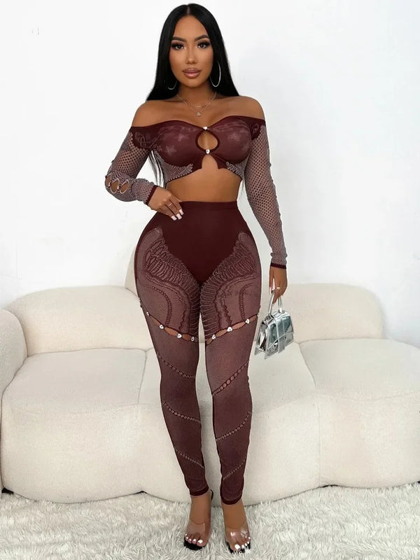 Sexy Thick Women 2Piece Set Chic Hollow Rhinestones Slash Neck Crop Tops+Patchwork Leggings Stretch Matching Clubwear