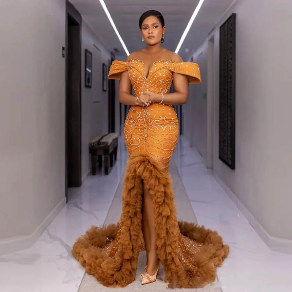 Aso Ebi Formal Evening Gowns Beaded Lace Customized Corset Prom Dresses Long Mermaid Ruffled Evening Dress Split Off Shoulder