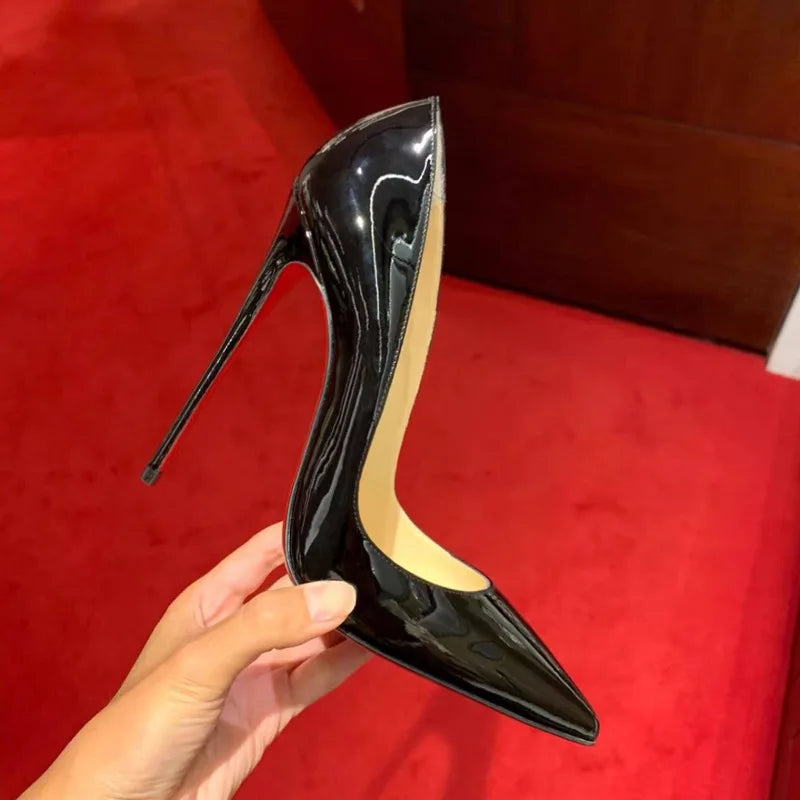new spring 12cm socialite super high heels black classic versatile patent leather fine heel professional plus size single shoes