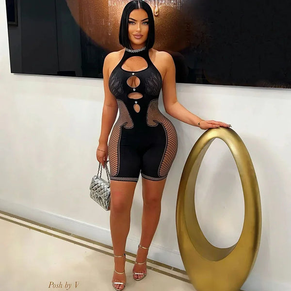 Sexy Halter Backless Party Romper Jumpsuit Women Playsuit Nightclub Hollow Out See Through Mesh Patchwork Slim One Piece Outfits