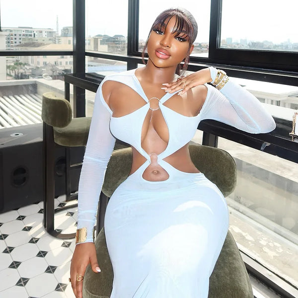 See Through Mesh Metal Ring Hollow Out Bodycon Maxi Dress Women Sexy V-neck Full Sleeve Bodycon Party Long Robe Evening Gown