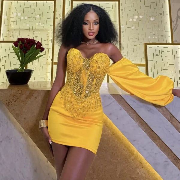 One Shoulder Long Sleeves Sweetheart Mermaid Prom Dress Major Beads Sexy Short Cocktail Dresses Aso Ebi Sexy Birthday Party Gown