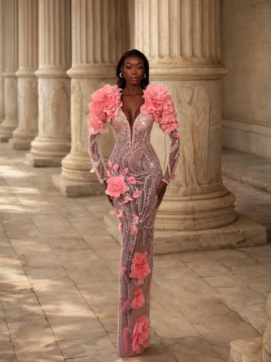 Sparkly V Neck Sequined Prom Dresses Sexy Long Sleeveless Appliques Evening Dress Customized Floor Length Party Gown