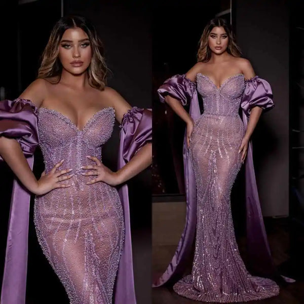 Gorgeous Mermaid Evening Dress With Cape Beaded Sequins Strapless Prom Gown Illusion Floor Length Party Dresses Customized