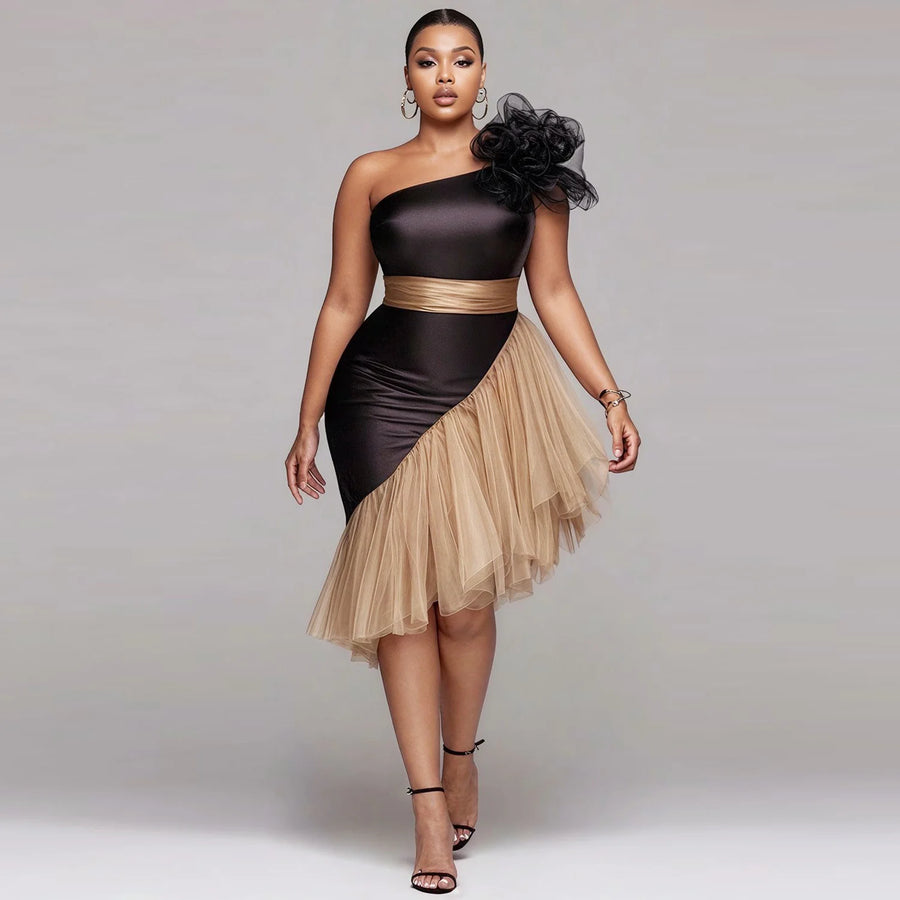 Black And Champagne One Shoulder Prom Dress Satin And Tulle Knee Length Evening Gowns Cocktail Party Dress