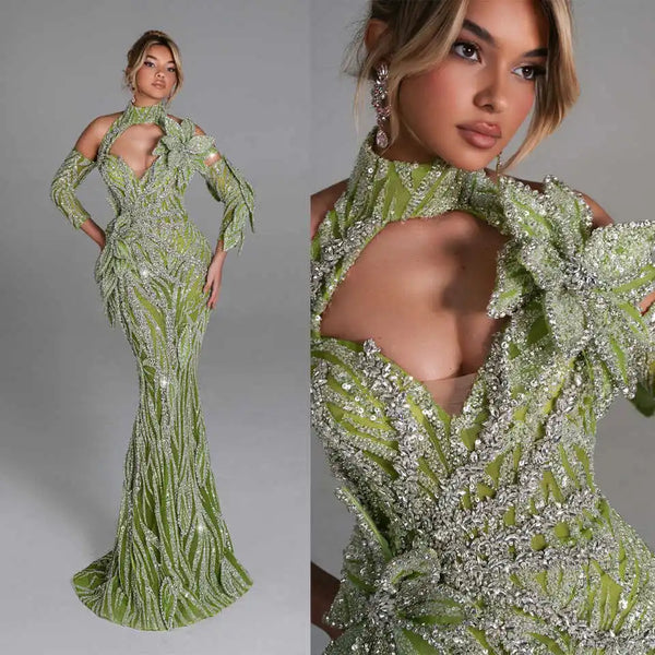 Ethereal Evening Dresses Mermaid Halter Sequined Rhinestones Half Sleeve Prom Gowns Party Dresses Custom Made Robe De Soirée