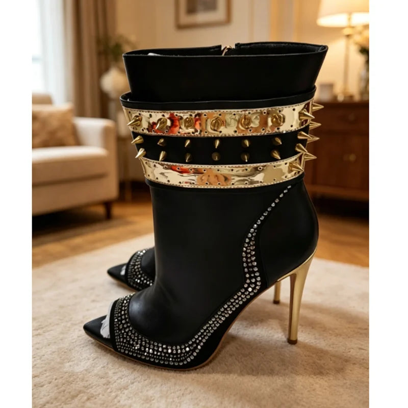 Black Rivet Decor Stiletto Sandal Boots Peep Toe Side Zipper British Style New Fashion Summer Women Shoes Zapatos Para Mujere