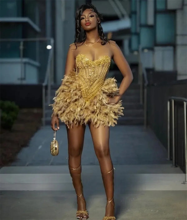 Customized Luxury Mini Sparkling Gold Water Diamond Feather Ball Dress Sexy Backless Party Cocktail Party Special Occasion Dress