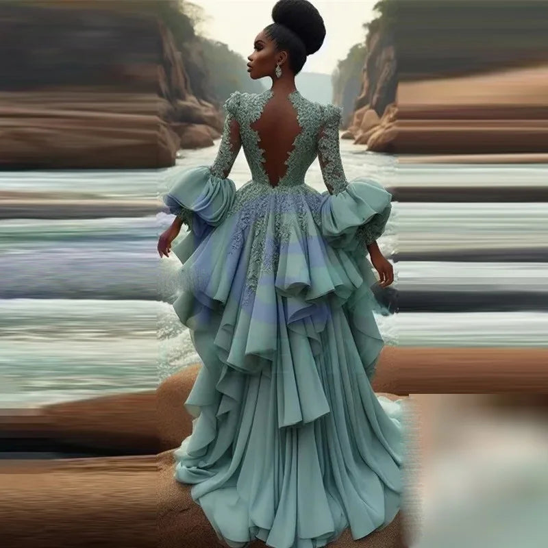 African High Low Long Evening Dress Luxury Prom Dresses Women Lace Draped Ruffles Chiffon Party Gowns Sleeves Flare
