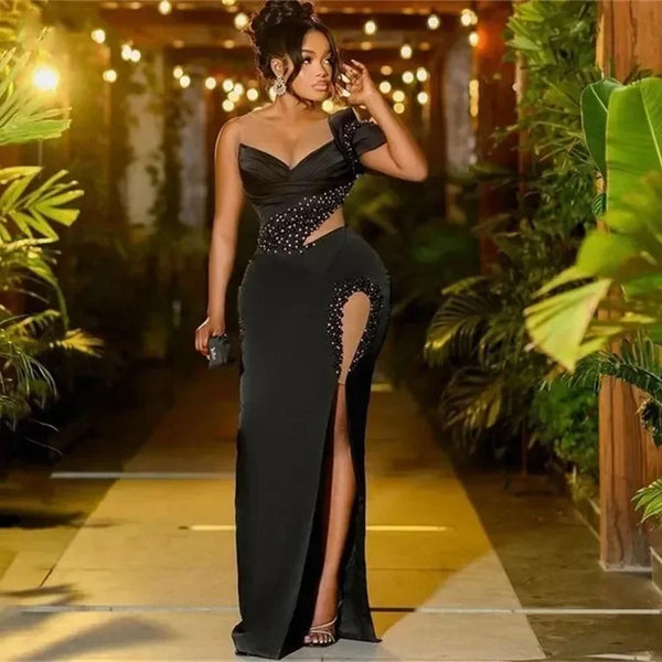 Sheer Neck Beaded Aso Ebi Long Party Prom Gowns For Women Elegant Satin Plus Size Sexy Black Thigh Split Formal Evening Dresses