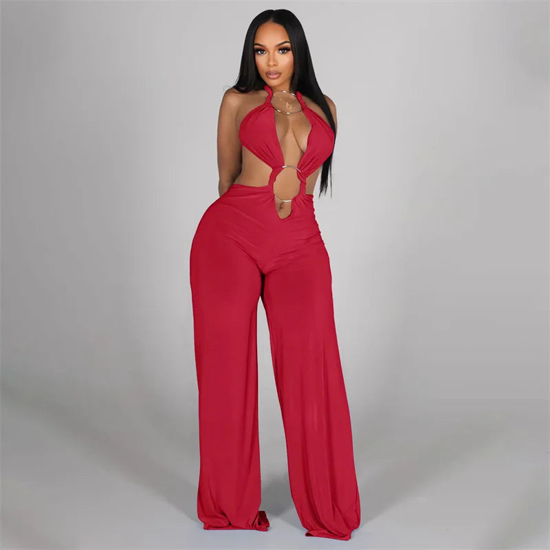Metal Ring Bandage One Piece Jumpsuit Women Sexy Hollow Out Halter Backless Sleeveless Wide Leg Romper Night Club Outfits
