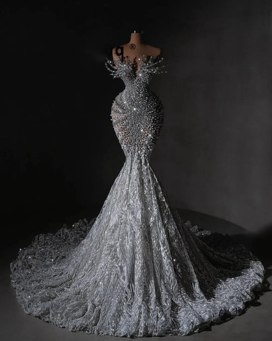 Gorgeous Beaded Mermaid Wedding Dresses Crystal Lace Pearls Bridal Gowns Sleeveless Floor Length Robe de mariée