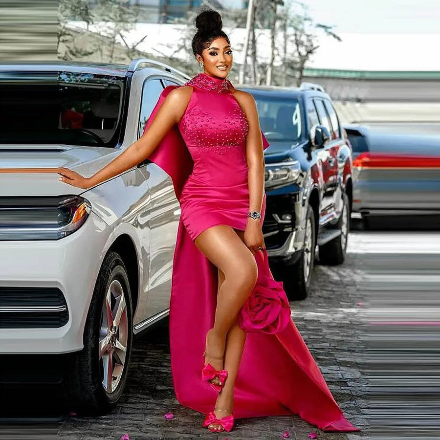 Fuchsia Sexy Mother and Daughter Dress High Low Mommy and Me Birthday Party Dress With Pearls Beads Family Look For PhotoShoots
